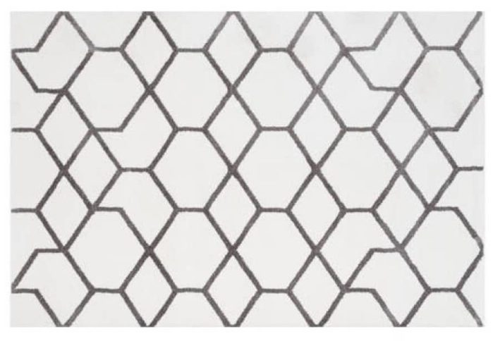 Tepih HEXA moderni svijetli tepih s tamnosivim geometrijskim linijama, izrađen od 100% poliestera, s mekanim florom od 11 mm.