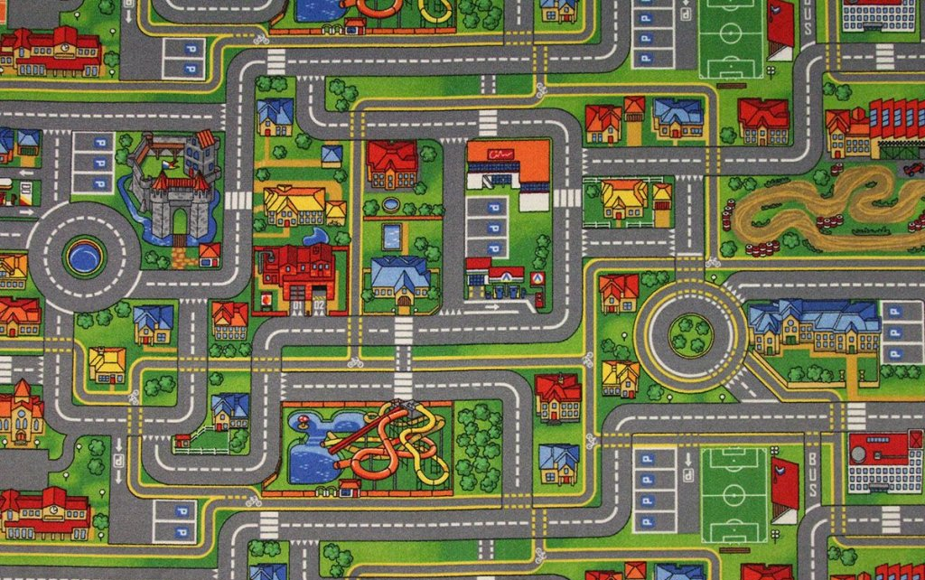 dječji tepih s motivom grada cesta i igrališta za igru s autićima, cesta, na metre, dječji tepih po mjeri, tapison cesta