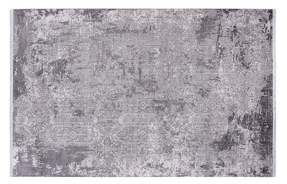 Tepih KREY 9300 u srebrno sivim, grafitnim i antracitnim tonovima, s vintage uzorkom, svilenkastim sjajem i pamučnom osnovom.