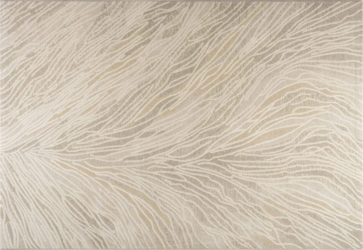 Tepih GENT FOJA elegantni bež moderni tepih s reljefnim organskim linijama, ivory i svijetlosivim tonovima te teksturiranom površinom od 100% PP Heatset materijala.