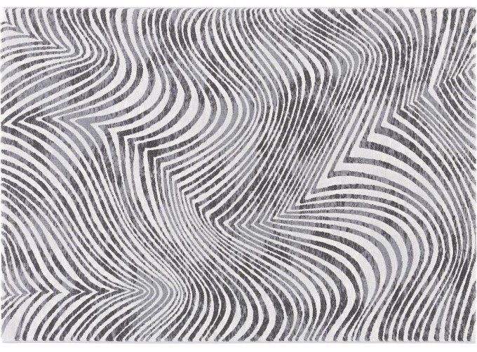 Tepih Gent ZEBRA moderni crno bijeli tepih s valovitim zebra prugama, sivim detaljima i teksturiranom površinom od 100% PP Heatset materijala.