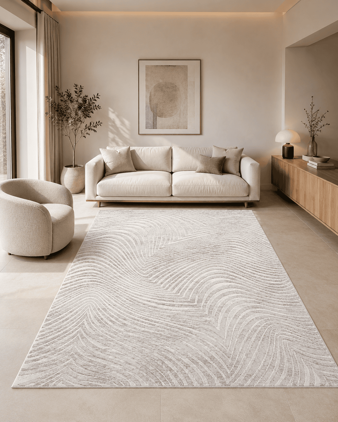 Tepih GENT ALBINO ZEBRA svijetli moderni tepih s valovitim zebra linijama u bijelim, ivory, bež i svijetlosivim tonovima od 100% PP Heatset materijala.