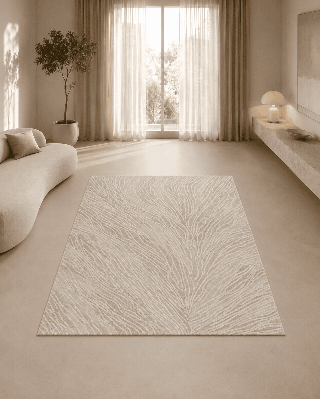 Tepih GENT FOJA elegantni bež moderni tepih s reljefnim organskim linijama, ivory i svijetlosivim tonovima te teksturiranom površinom od 100% PP Heatset materijala.
