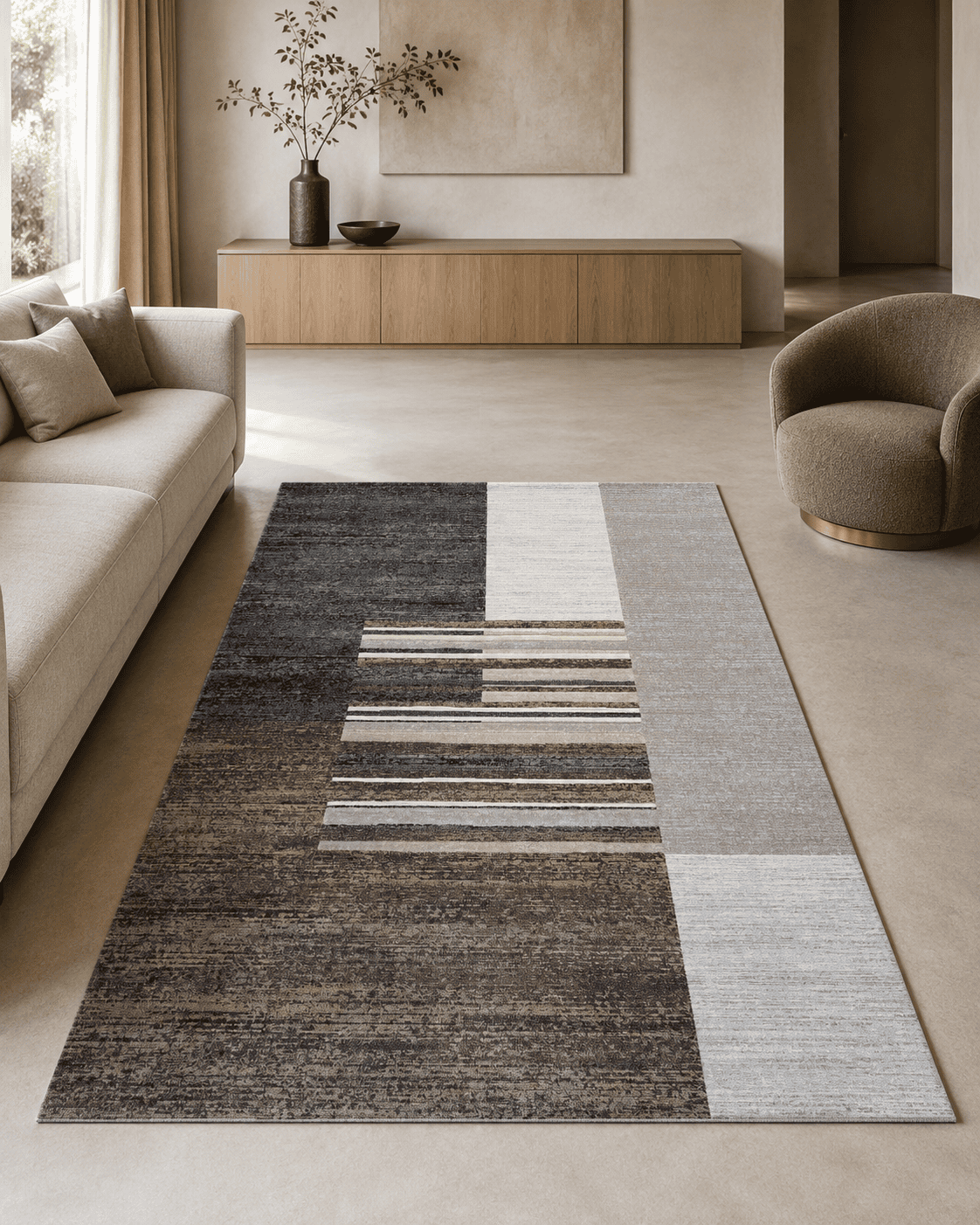 Tepih GENT KORTA moderni geometrijski tepih u tamnosivim, smeđim, bež, bijelim i antracit tonovima, izrađen od 100% PP Heatset materijala s teksturiranom površinom.