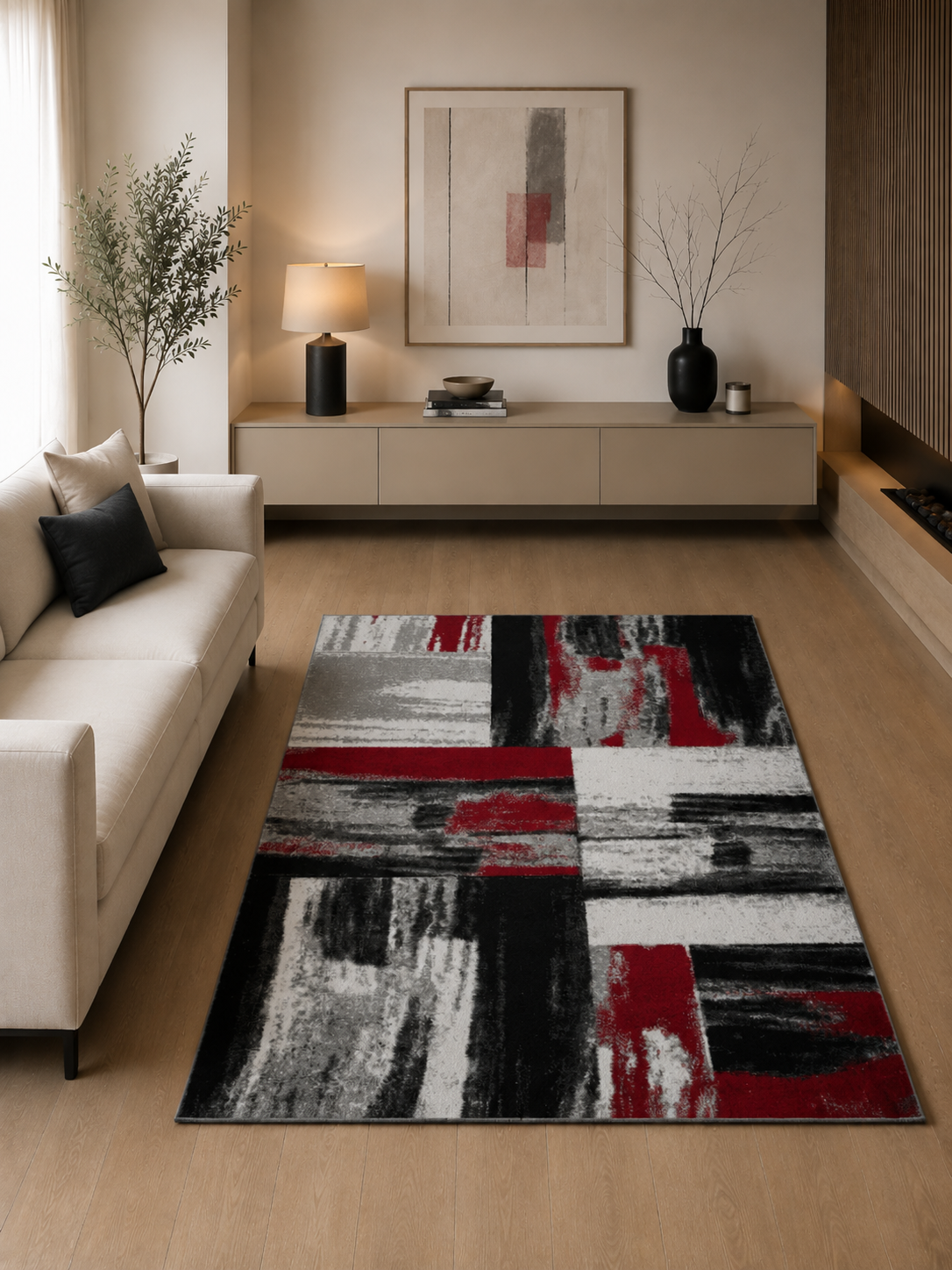 Tepih KUBIK RED moderni crveno-crni geometrijski tepih od 100% PP Heat-seta, s florom od 12 mm, jutenom poleđinom i 3D efektom.