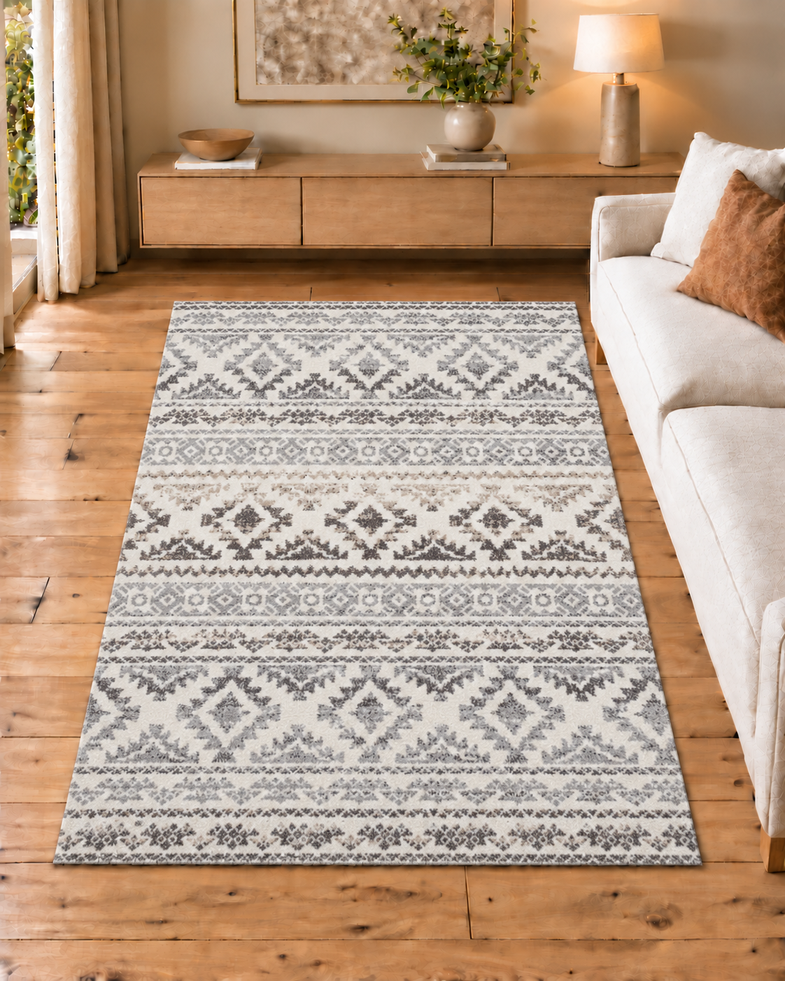 Tepih ETNO svijetli etno-geometrijski tepih od 100% poliesterskog mikrofibera, s krem, bež i sivim ornamentima te florom od 11 mm.