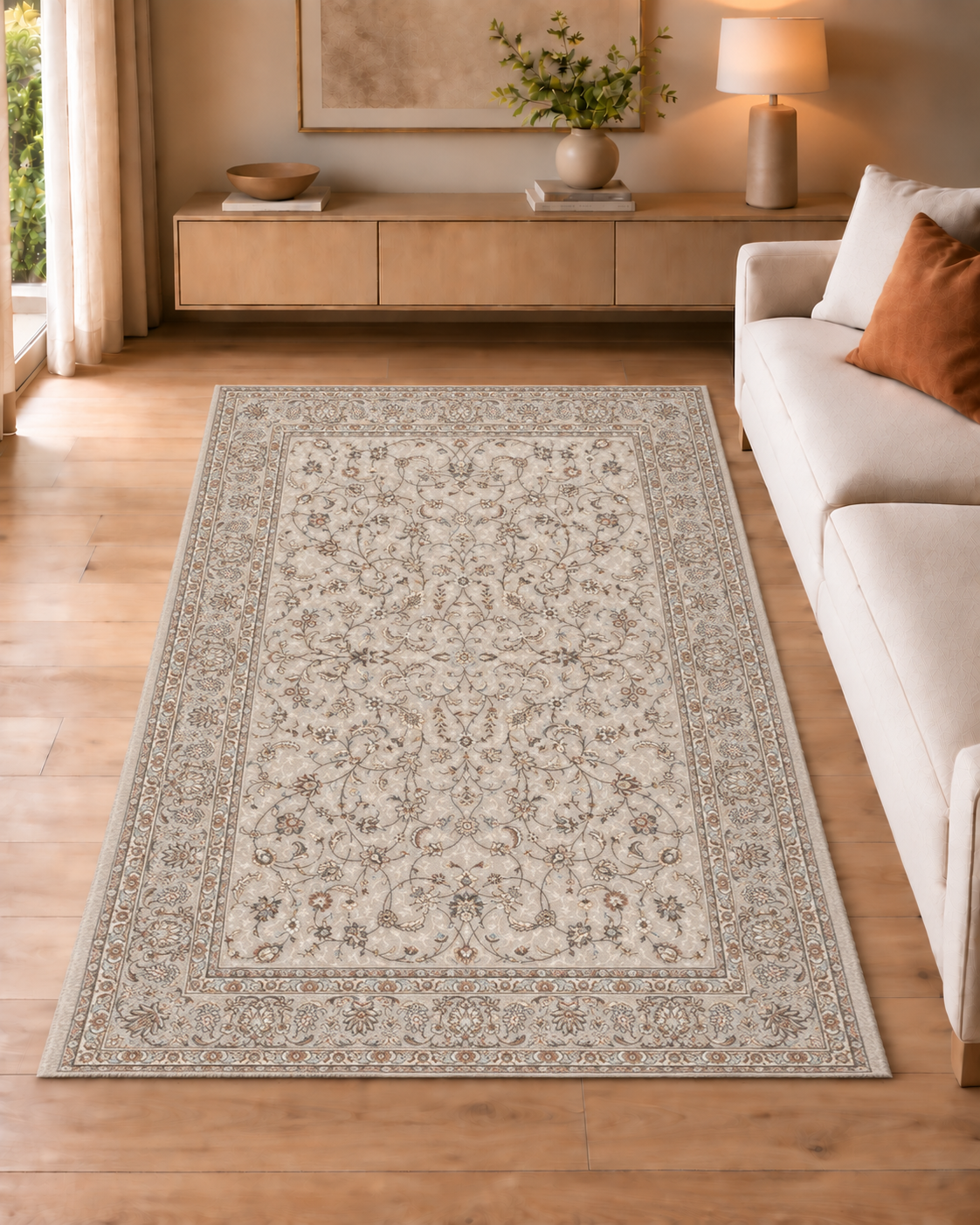 Tepih STONE 9295 klasični bež tepih od 100% polipropilena Heatset, s floralnim uzorkom, bordurom i gustoćom 1.000.000 točaka/m².