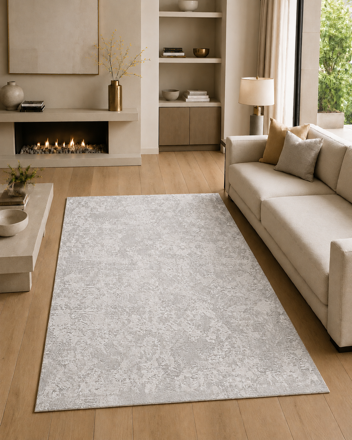 Tepih YON 6484 svijetli apstraktni tepih u ivory, srebrnosivim i svijetlosivim tonovima, izrađen od 55% poliestera i 45% heatset polipropilena, s reljefnom teksturom.