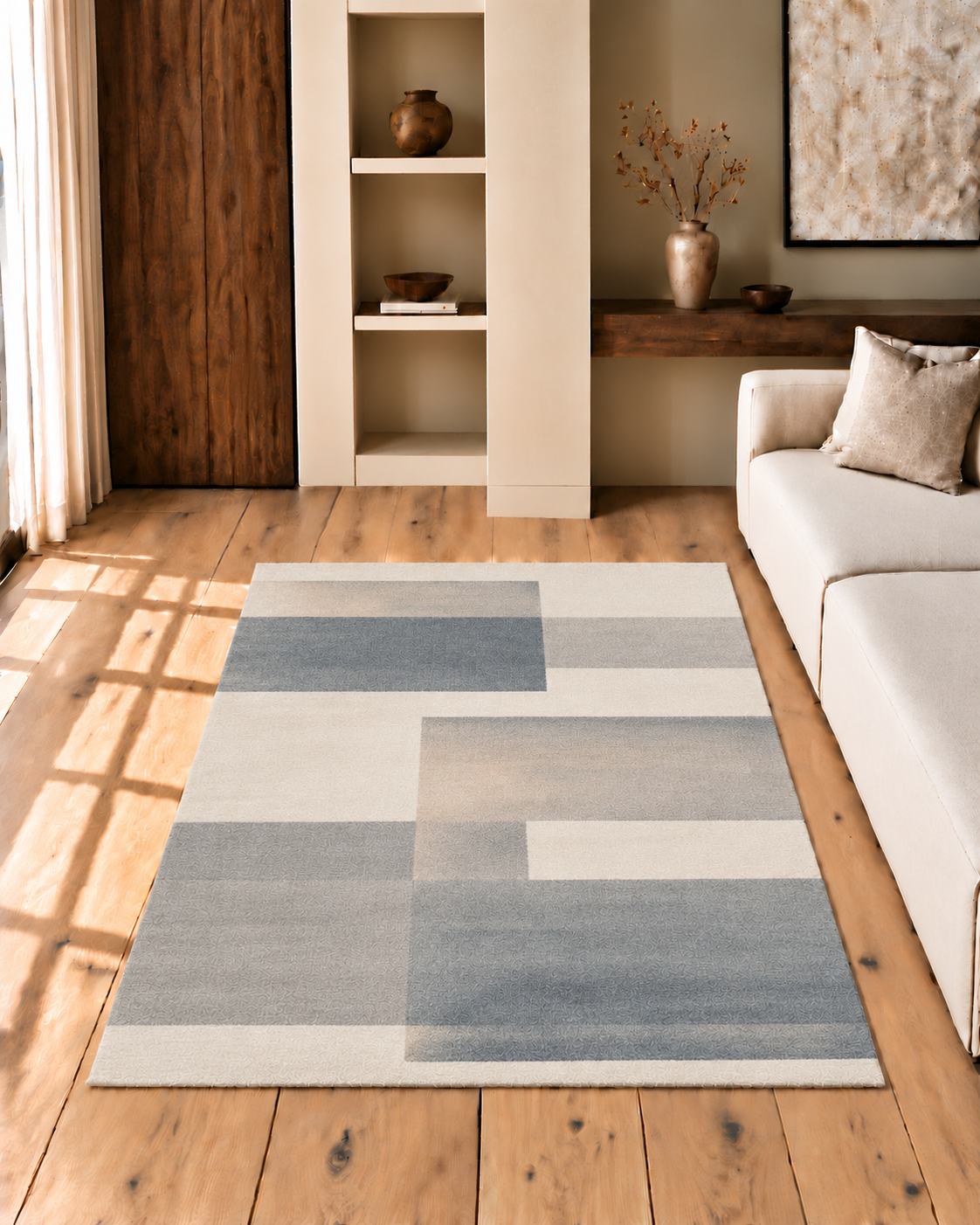 Tepih MONDRIAN 003 s modernim geometrijskim uzorkom u kremastim, bež, sivim i zagasitim plavim tonovima